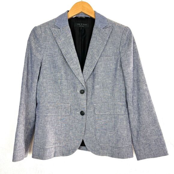 Rag and Bone Blue Pinstripe Linen Blend Two Button Blazer Pockets size 4 - Picture 1 of 5